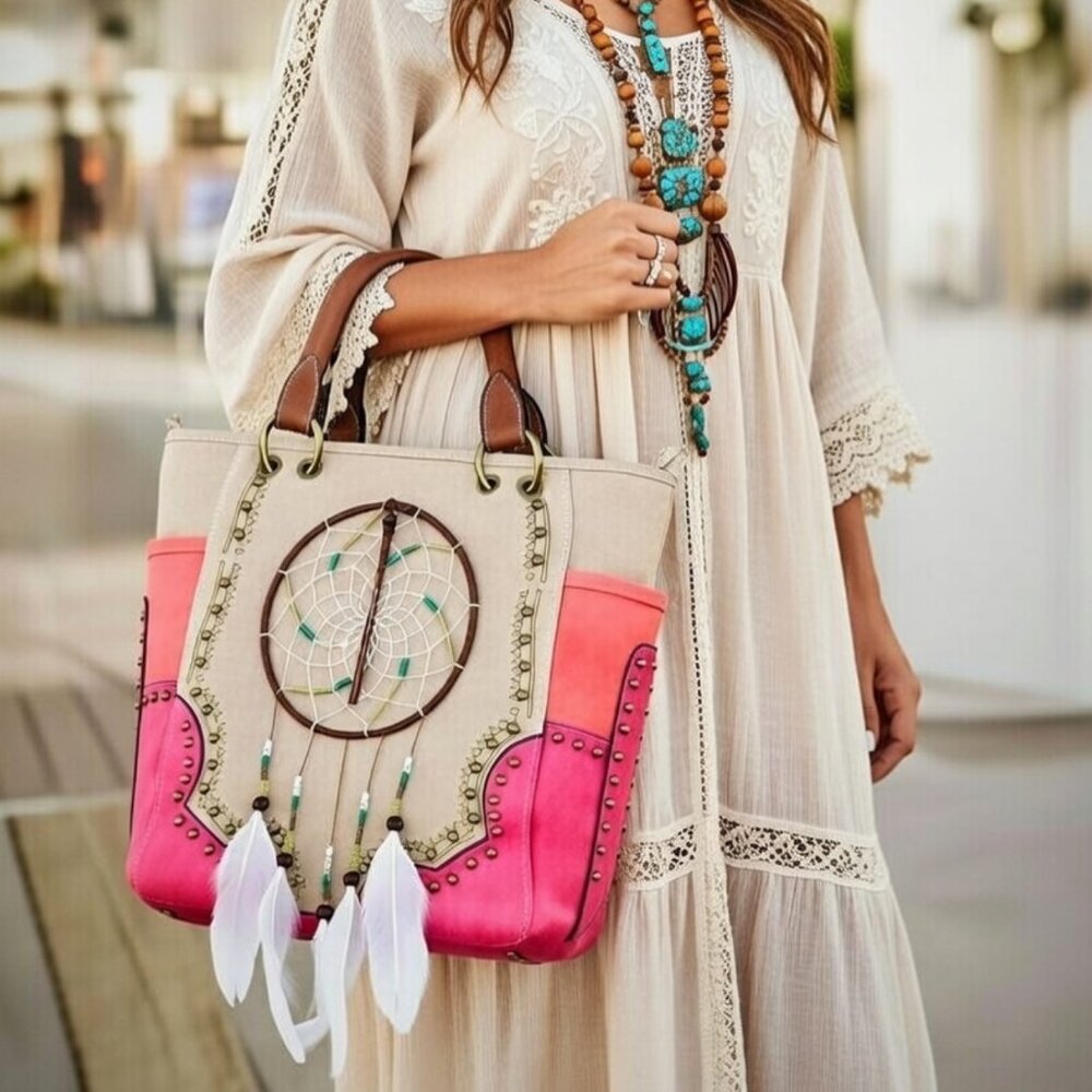 🌟Boho Dreamcatcher Handbag Rustic Western Studded Shoulder Purse Bag